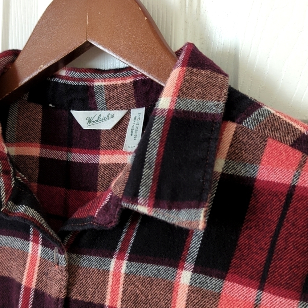 Woolrich Plaid Flannel Relaxed Fit Long Sleeve Button Down Shirt Red Burgundy S - Picture 3 of 14